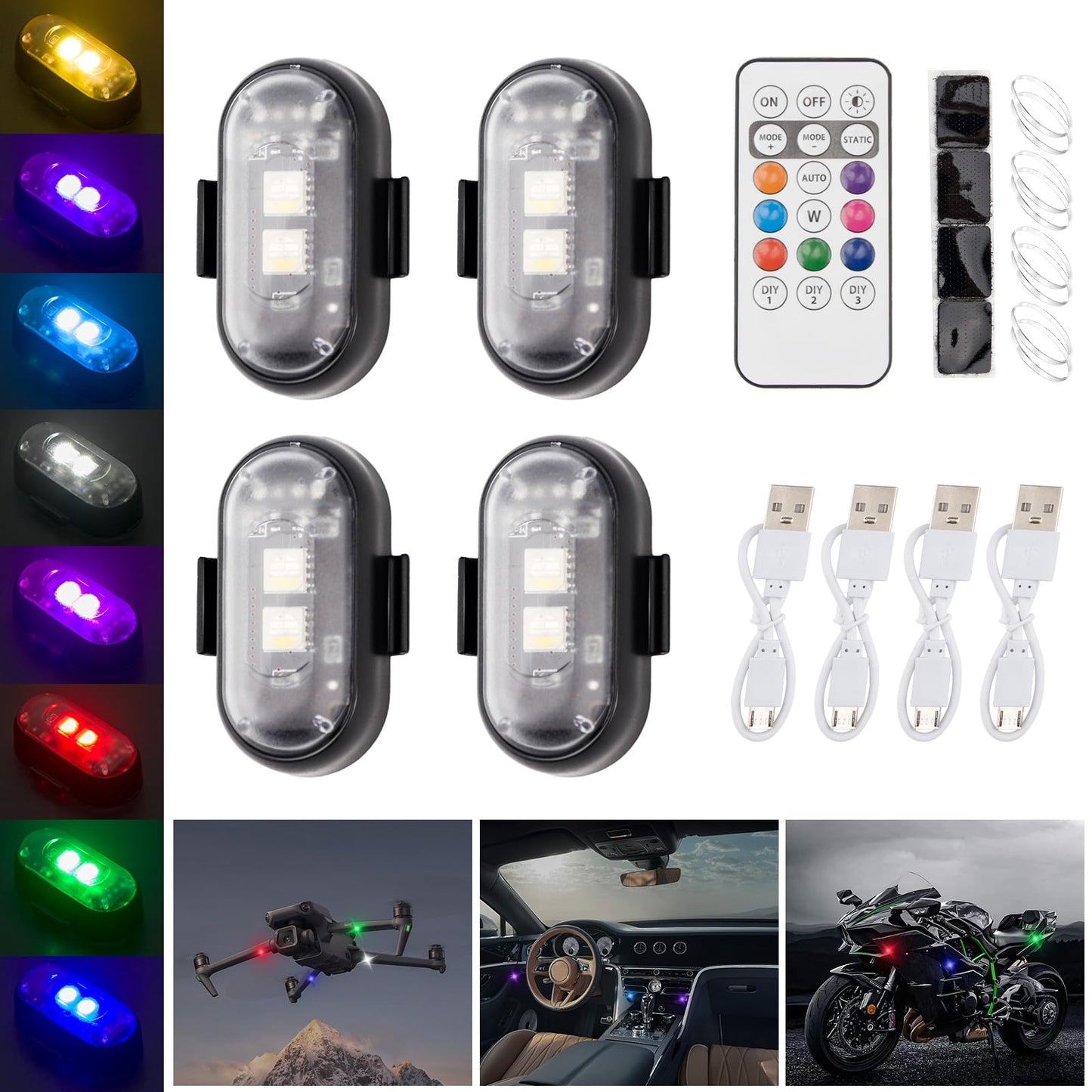 Lampe stroboscopique à LED avec télécommande sans fil, 8 couleurs, pour voiture, moto, vélo