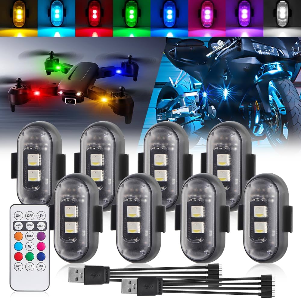 Lampe stroboscopique à LED avec télécommande sans fil, 8 couleurs, pour voiture, moto, vélo