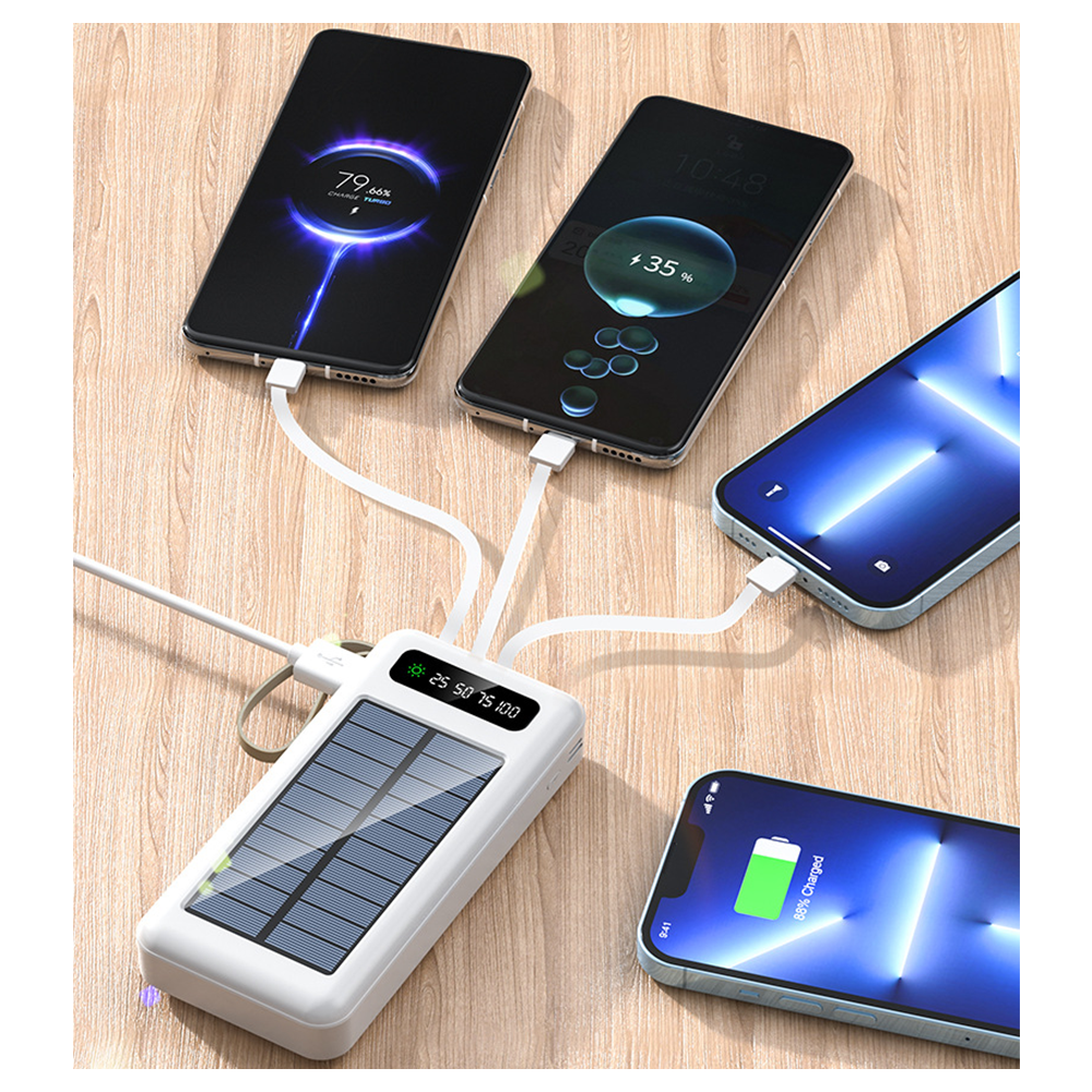 Batterie solaire avec affichage LED - Power Bank avec 4 câbles intégrés